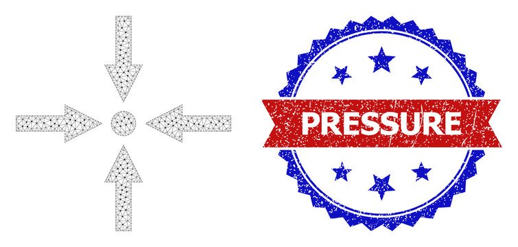 Pressure corroded seal print, and meeting point icon network model. Red and blue bicolor seal includes Pressure tag inside ribbon and rosette. Abstract flat mesh meeting point, created from flat mesh.