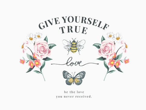 love calligraphy slogan with bee,  butterfly and flowers bouquet vector illustration