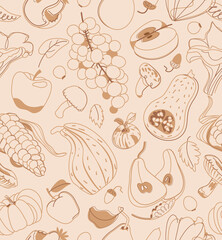 Decorative seamless harvest pattern with linear pumpkin, mushroom, grape, apples and pears on beige background. Vector illustration.