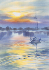 Evening mist by the lake with clouds and a ship watercolor background