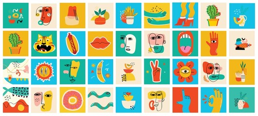 Big Set of Different colored Vector illustartion posters in Cartoon Flat design. Hand drawn Abstract shapes, funny Comic characters.