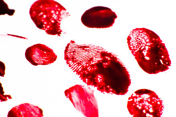 Red Bloody fingerprints on the white background. Horror and crime scene concept. Halloween postcard.