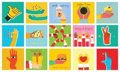 Big set of Colorful Hands holding stuff. Different gestures. Hand drawn Vector illustration.