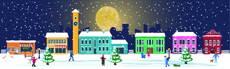 winter city, walking people, houses under the moon. Vector