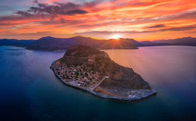 Aerial view of the old medieval castle town of Monemvasia in Lakonia of Peloponnese, Greece....