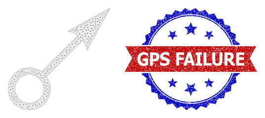 GPS Failure textured seal, and point direction icon mesh structure. Red and blue bicolor stamp seal contains GPS Failure title inside ribbon and rosette. Abstract 2d mesh point direction,