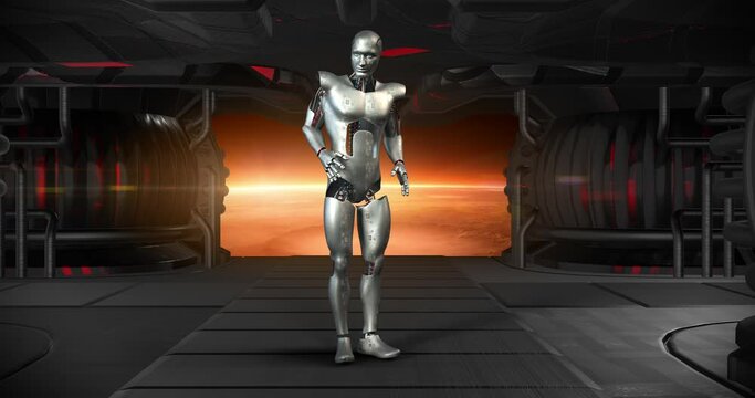 Curious AI Cyborg Bionic Robot Looking Around. Looking For Something. Technology And Space Related 3D Animation.