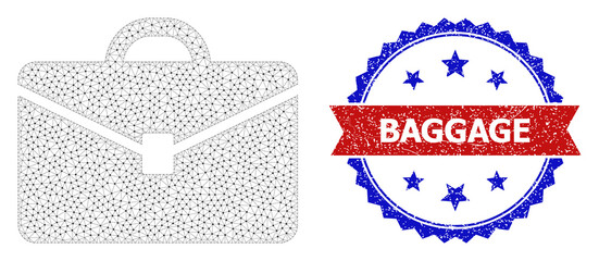 Baggage corroded stamp, and portfolio icon mesh structure. Red and blue bicolored stamp seal contains Baggage text inside ribbon and rosette. Abstract flat mesh portfolio, built from triangles.