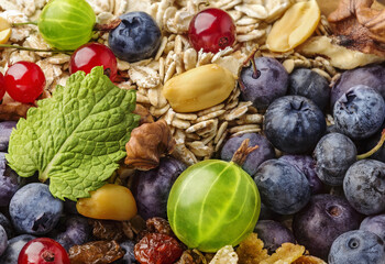 background of mint, nuts, berries, oatmeal and raisins