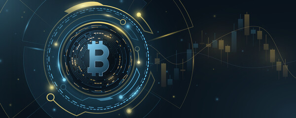 Bitcoin cryptocurrency with HUD. Candlestick pattern. Digital coin BTC for business banner, website or presentation. Futuristic technology concept. Blockchain for graphic design. Vector