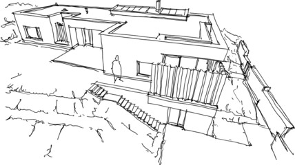 hand drawn architectural sketches of modern one story detached house with flat roof and people around
