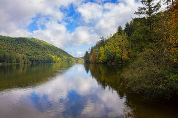 Blue Sky Over Autumn Forest on Lake Logan