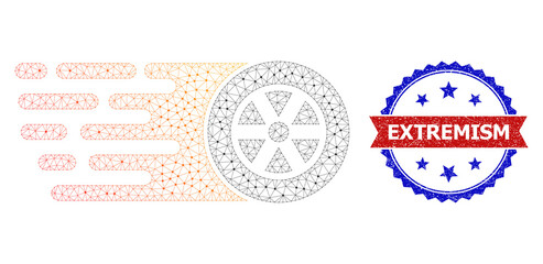 Extremism corroded stamp, and rush wheel icon mesh model. Red and blue bicolor stamp has Extremism title inside ribbon and rosette. Abstract 2d mesh rush wheel, created from triangular grid.