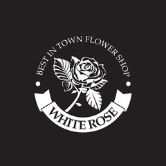 emblem of white rose bud for flower shop isolated on black background