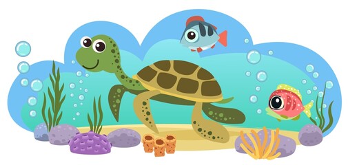 Fototapeta premium Turtle and fishes. Little landscape. Underwater life. Wild animals. Ocean, sea. Summer water. Isolated on white background. Illustration in cartoon style. Flat design. Vector art