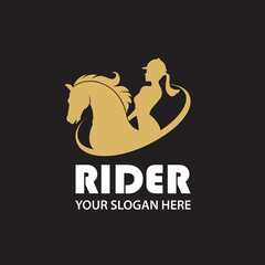 monochrome icon of horse and woman isolated on black background