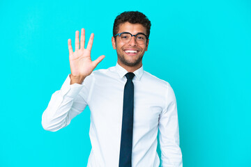 Young business Brazilian man isolated on blue background counting five with fingers