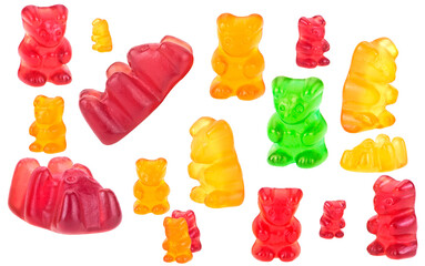 Different sizes and color of jelly gummy bears isolated on a white background. Set of jelly candies.