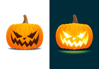 A Halloween pumpkin with a grinning face has a white and a dark variant of background. Vector illustration.