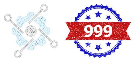 999 dirty seal imitation, and smart development icon mesh structure. Red and blue bicolored stamp seal has 999 text inside ribbon and rosette. Abstract flat mesh smart development,