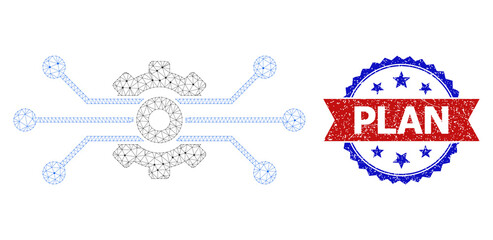 Plan grunge seal imitation, and solution cog icon polygonal structure. Red and blue bicolored seal includes Plan title inside ribbon and rosette. Abstract 2d mesh solution cog, built from flat mesh.