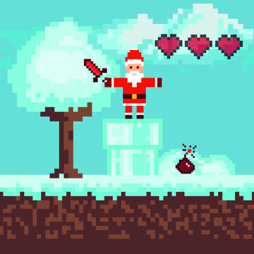 Pixel winter with snow, game interface, Santa Claus character, 8-bit view, Vector