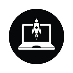 Rocket Launch Start Up On Laptop Computer icon. Black vector design.