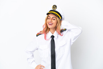 Airplane pilot over isolated white background smiling a lot