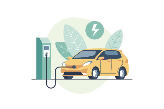 Concept of futuristic transport, green energy, eco city. Charging electric car battery at electric recharge station. New alternative energy Vehicle. Vector Illustration.