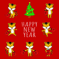 Obraz na płótnie Canvas Vector Set of tigers in different poses. New year tiger character. Tiger with gift box and bag. Christmas postcard 