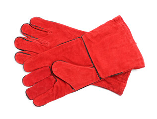 Red protective gloves on white background, top view. Safety equipment