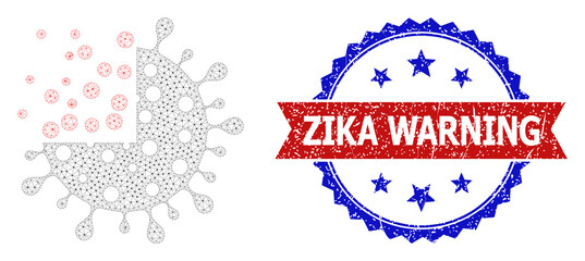 Zika Warning scratched stamp, and synthesis coronavirus icon mesh model. Red and blue bicolored stamp includes Zika Warning tag inside ribbon and rosette. Abstract flat mesh synthesis coronavirus,