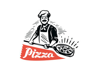 Pizzeria chef logo vector illustration. Pizza design element for logo, poster, card, banner, emblem