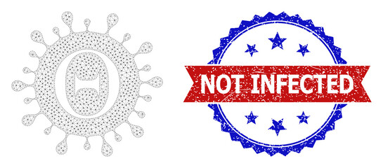 Not Infected rubber seal, and Tetta coronavirus icon net model. Red and blue bicolor stamp has Not Infected title inside ribbon and rosette. Abstract flat mesh Tetta coronavirus,