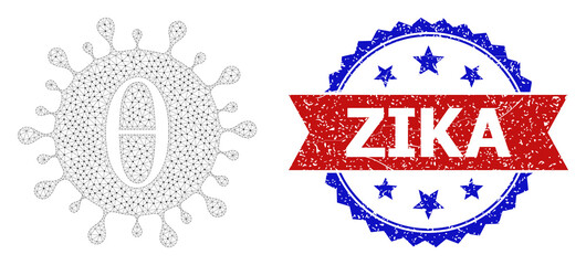 Zika scratched stamp, and Tetta covid virus icon triangular structure. Red and blue bicolored stamp seal contains Zika title inside ribbon and rosette. Abstract flat mesh Tetta covid virus,