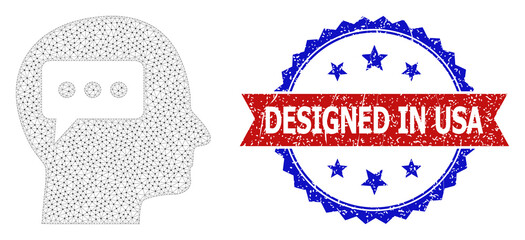 Designed in USA textured seal, and thinking brain icon polygonal model. Red and blue bicolor stamp contains Designed in USA title inside ribbon and rosette. Abstract 2d mesh thinking brain,
