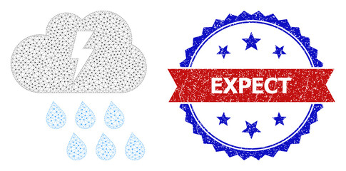 Expect grunge seal, and thunderstorm icon polygonal model. Red and blue bicolored seal includes Expect text inside ribbon and rosette. Abstract flat mesh thunderstorm, designed with polygonal grid.