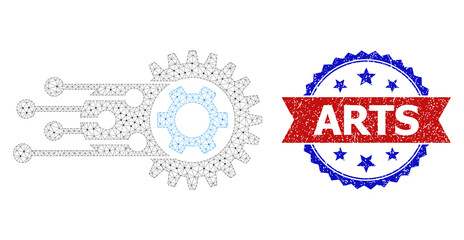 Arts unclean stamp, and transition gears icon mesh structure. Red and blue bicolored stamp contains Arts caption inside ribbon and rosette. Abstract 2d mesh transition gears, created from flat mesh.