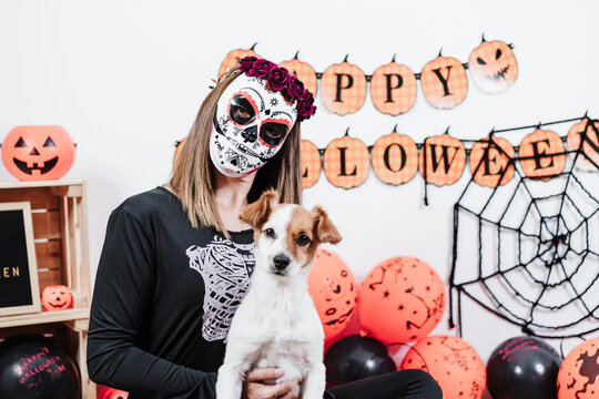 jack russell dog with funny ghost costume and woman wearing mexican face mask during halloween celebration. woman wearing skeleton costume and red roses diadem on head. Halloween party concept