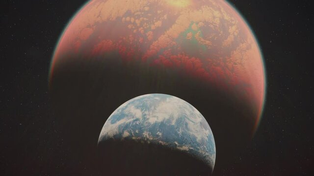 Giant planet Nibiru approaching earth on collision course. Cinematic sci-fi. 4k.