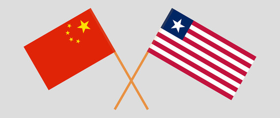 Crossed flags of China and Liberia. Official colors. Correct proportion