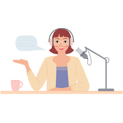 Plakat A nice young woman speaks into a microphone. A female is recording an audio podcast. Flat vector illustration.