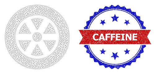 Caffeine dirty seal imitation, and wheel icon mesh structure. Red and blue bicolored stamp seal has Caffeine title inside ribbon and rosette. Abstract flat mesh wheel, designed with flat mesh.