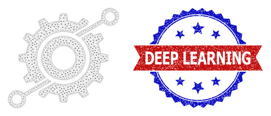 Deep Learning scratched stamp seal, and wheel connections icon triangular structure. Red and blue bicolored stamp seal has Deep Learning text inside ribbon and rosette.