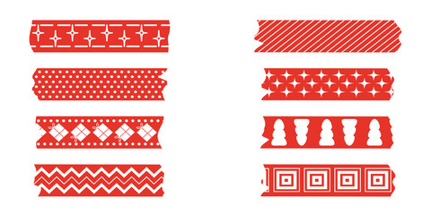 Set of ribbons, painting tapes Washi, scotch paper. Festive Christmas style ribbons in red, white. Elegant scotch tape for album decoration. Vector illustration for design,trees, gifts, snowflakes. © Mila Chern