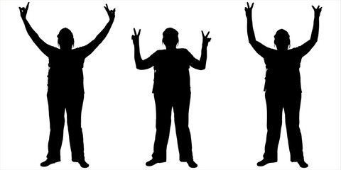 The woman shows the gesture of victory with both raised hands. Female silhouette in pants, in a cap. Three women in different positions with their hands up. Black silhouette isolated on white. Photo.