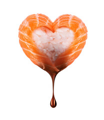 Drop of soy sauce drips from sushi roll with salmon in the shape of a heart close-up