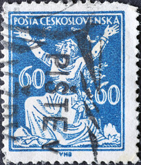 Czechoslovakia Circa 1920: A postage stamp printed in Czechoslovakia showing an allegorical woman...