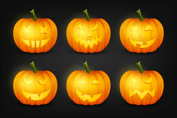 Vector Glossy Cartoon Halloween Pumkin Lantern with Funny Face Icon Set. Front View. Design Template of Realistic Pumkin Jack O Lantern. Autumn Holidays, Halloween Concept