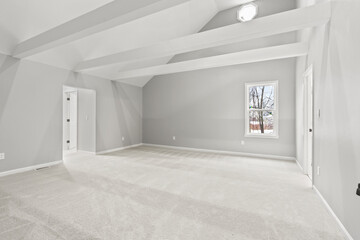 Luxury mansion master bedroom with high ceiling and snowy window